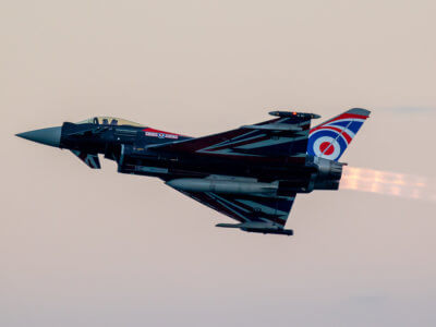 Union jack wrapped RAF typhoon plane at dusk