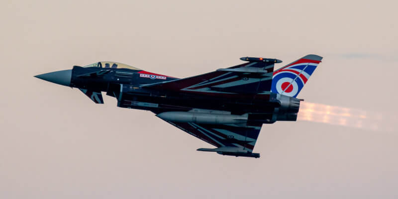 Union jack wrapped RAF typhoon plane at dusk