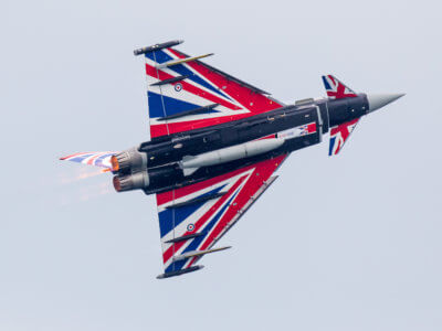 Union jack wrapped Typhoon flying through the skies