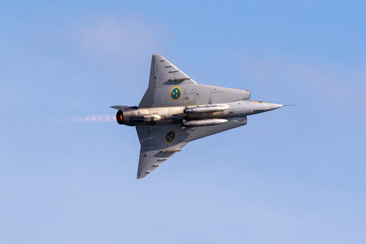 The Saab J 35J Draken of the Swedish Air Force Historic Flight appearing at Bournemouth Air Festival in 2019.